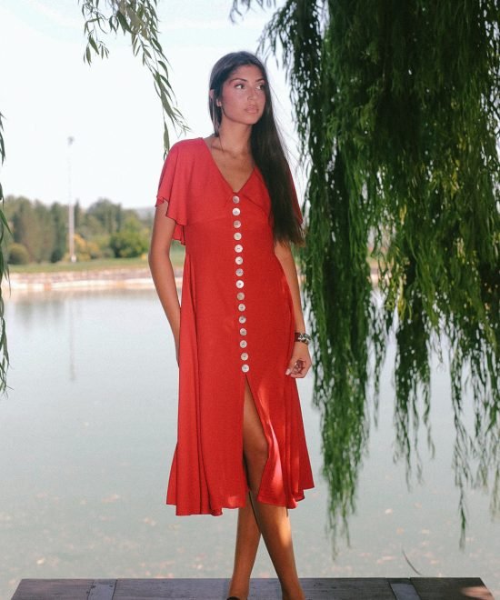 COMODE Red dress with sleeves and buttons