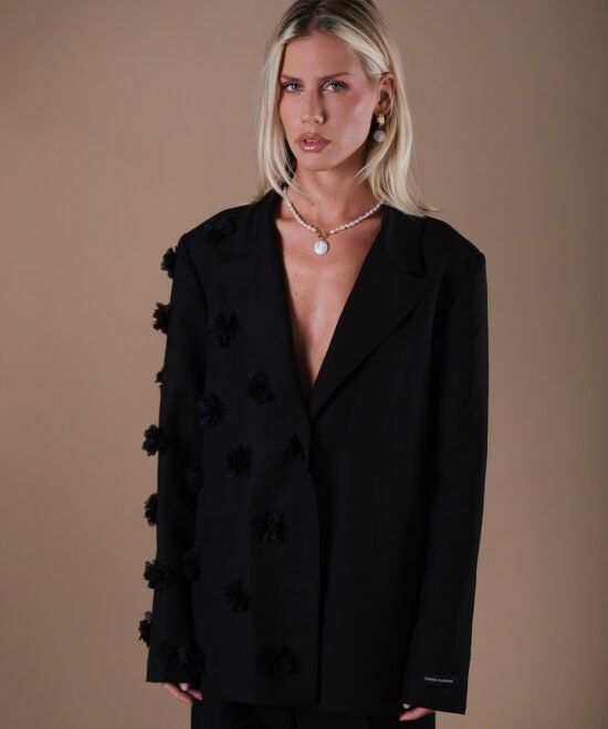COMODE X KVARIANI Black Blazer with 3D Flower Details