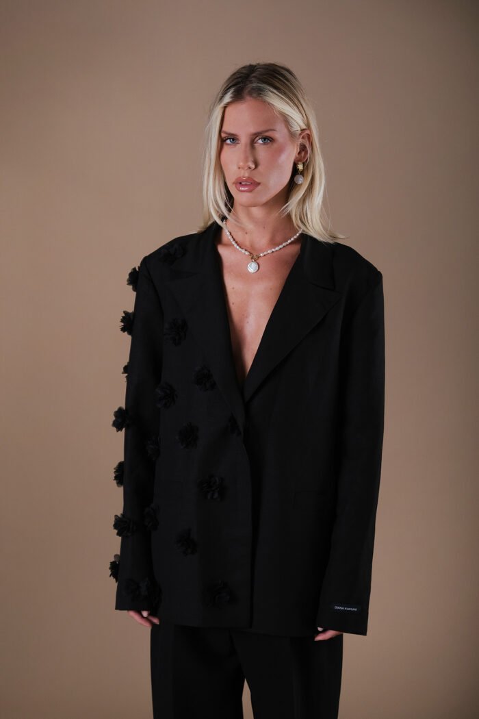COMODE X KVARIANI Black Blazer with 3D Flower Details