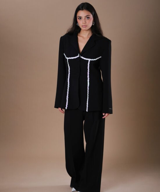 COMODE X KVARIANI Black Blazer with white ruffle details