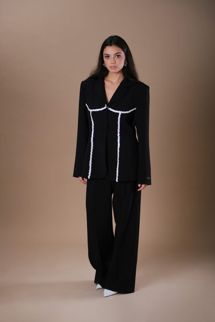 COMODE X KVARIANI Black Blazer with white ruffle details